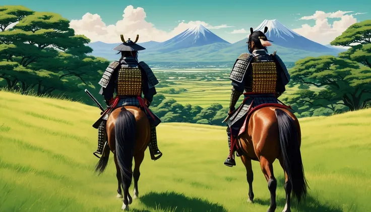 Manga style,Illustrated style,Traditional Japanese samurai armor,Back view,Japanese Landscape,Summer steppe,Fresh greenery,Samurai on horseback,Vibrant colors,Serene atmosphere