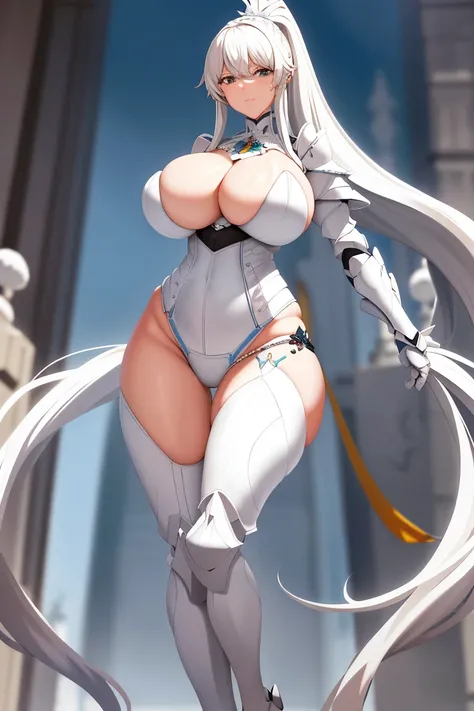 A woman，White long hair，High Ponytail，Wearing white plate armor，knight，White Armor，Bikini，Long legs，Nipple protrusion，Twenties，exposed，White Armor高跟鞋，Huge breasts，超级Huge breasts，Standing