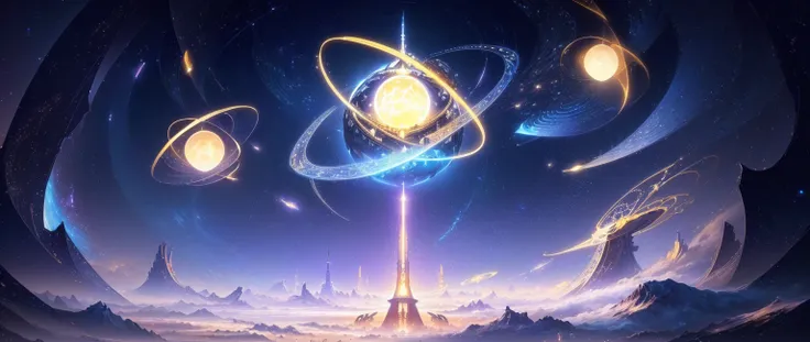 There is a tower in the background, Infinite Celestial Library, Infinite Space Clock Background, 4k solarpunk wallpaper, Concept Art Magic Highlights, Background artwork, The background is an endless universe, ball of time, Anime background main visual, An...