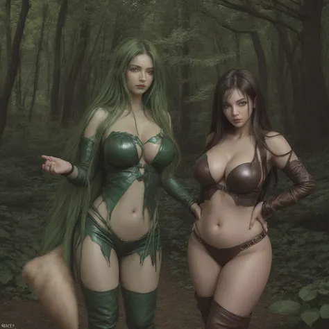 Sexy female goblin, 28 years old, cute face, long dark green hair, light green skin, emerald green eyes that shimmer like gemstones, curvy figure, dark brown leather tunic, belly button, brown patchwork leather pants, seductive pose, standing in a dark for...