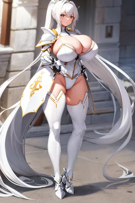 A woman，White long hair，High Ponytail，Wearing white plate armor，knight，White Armor，Bikini，Long legs，Nipple protrusion，Twenties，exposed，White Armor高跟鞋，Huge breasts，超级Huge breasts，Standing