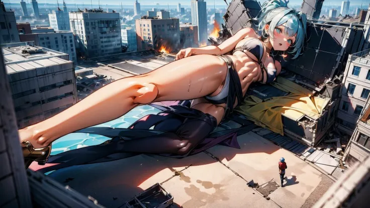 Giantess with firm , long sexy legs, yellow hair and in a bikini is lying on the ground, while the city at her feet burns in flames from the destruction she has caused, while tiny people climb on her body to have sex with her. Giantess, goddess, macrophili...