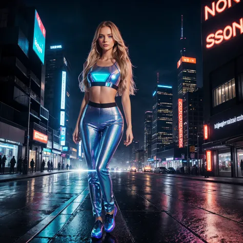 professional portrait photograph of a gorgeous 18 year,Norwegian girl Lise Olsen in a high-fashion photoshoot set in a vibrant, neon-lit cityscape at night. The scene should feature towering skyscrapers adorned with colorful neon signs and digital billboar...