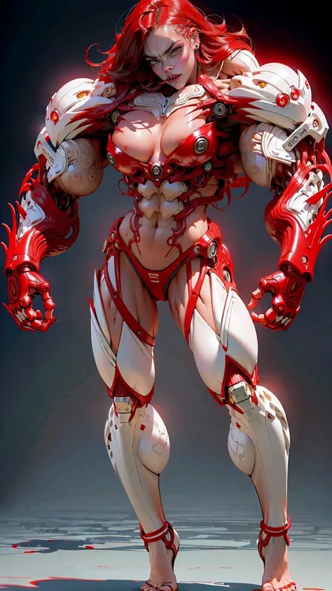 (beautiful girl:1.25), (megan fox:1.25), (young bodybuilder girl wearing cybernetic muscle suit:1.25), carnage muscular physique, seductive face, mouth wide open carnage style, long red hair, perfect muscular body, super skinny legs, sissy, femboy, (carnag...