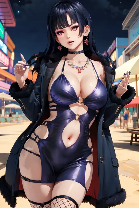 Female tengu, One girl, alone, casino, Bodycon, Micro Dress, necklace, Earrings, belly button, Face Focus, Fur coat, Face Focus, Night Sky, Beach