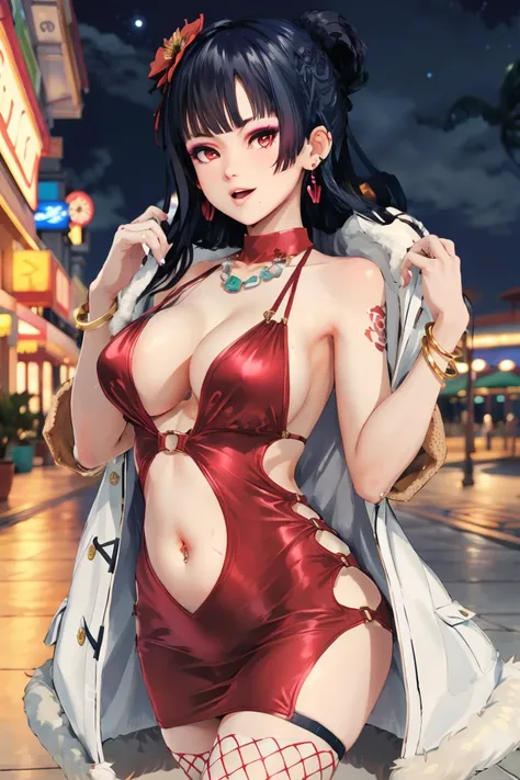 Female tengu, One girl, alone, casino, Bodycon, Micro Dress, necklace, Earrings, belly button, Face Focus, Fur coat, Face Focus, Night Sky, Beach