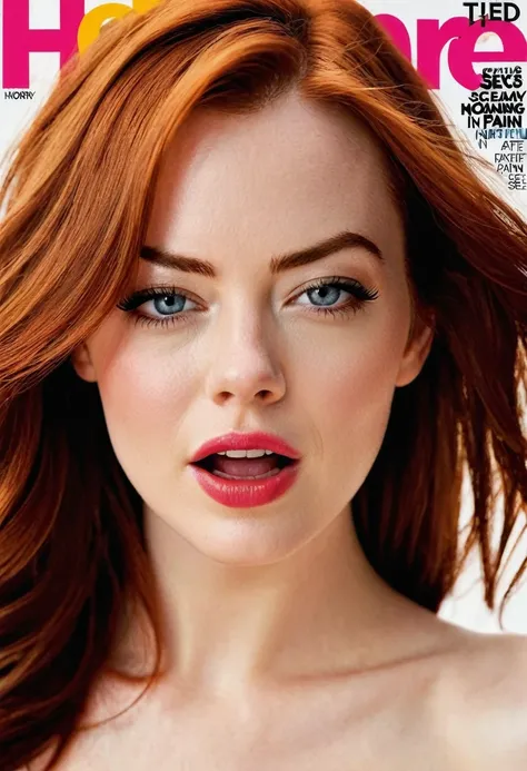 portrait photo of (Emma Stone) nude, naked, (long hair), posing for a picture, ziprealism, for cosmopolitan,  realistic skin texture, softcore, warm lighting, simple background, magazine cover style, (horny,moaning, screaming in pain,orgasm, tired after se...