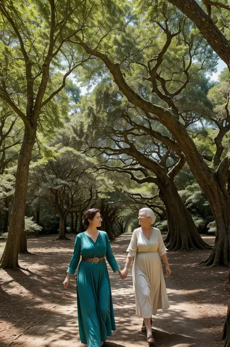 Elara and her grandmother walk hand-in-hand through a serene, sun-dappled forest. They are approaching an ancient, majestic oak tree with a thick trunk and sprawling branches. The grandmother points towards the tree, and Elara looks up in awe.