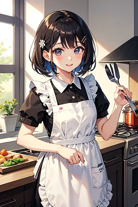 Highest quality、Black Hair、Iris、short hair、girl、cute、16 years old、、Small hair ornament、1 person、private clothes with apron、Cooking、A happy look、kitchen、