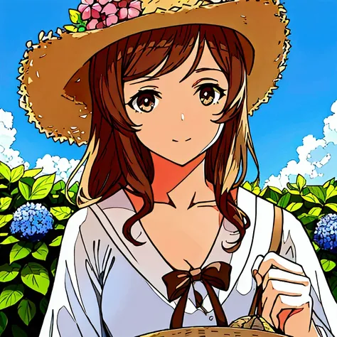 Summer Straw hat girl Brown hair Hydrangea flower Nostalgic