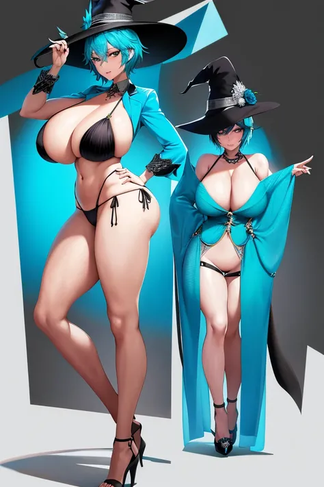 A woman，Cyan short hair，Black eyes，Wear a wizard hat，Bikini，Long legs，Nipple protrusion，Twenties，exposed，Black high heels，Huge breasts，超级Huge breasts，Standing