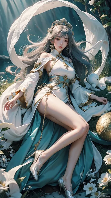 Ancient Chinese girl with goddess clothes, majestic appearance, domineering, White clothes of empress, heavy clothes and jewelry including in legs, exquisite ,fair white detailed skin, well makeup, natural power,magical land,magical beast, beautiful weapon...