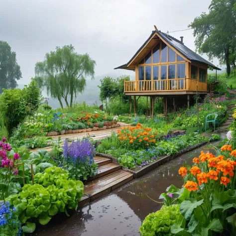 view from far, cottage, the sacred symbol of nature, A straw house on the hill (stilt house), garden around the house with vegetables, A pathway to the house with many flowers, violets, bluebottles. In front of the house is a valley with vegetables. scener...