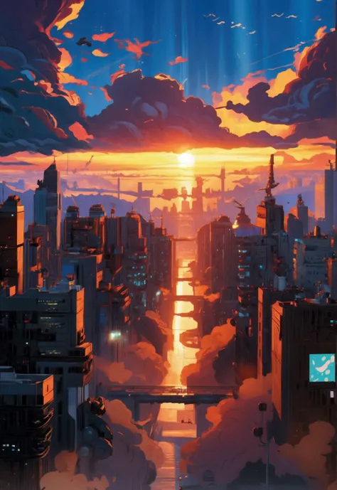 Sci-fi city surrounded by dark clouds at sunset  (retrotide:1) 