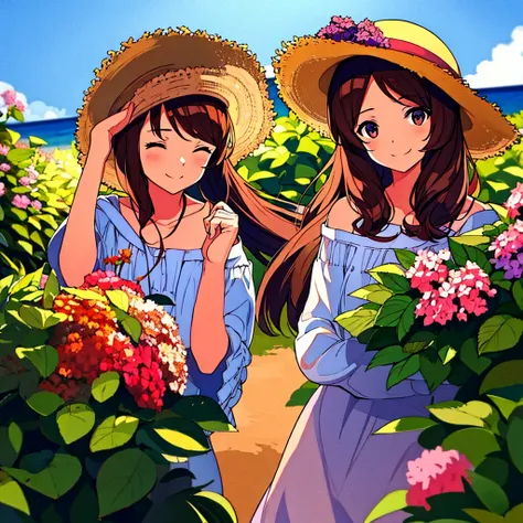 Summer Straw hat girl Brown hair Hydrangea flower Nostalgic