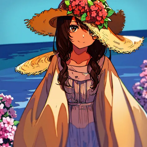 Summer Straw hat girl Brown hair Hydrangea flower Nostalgic