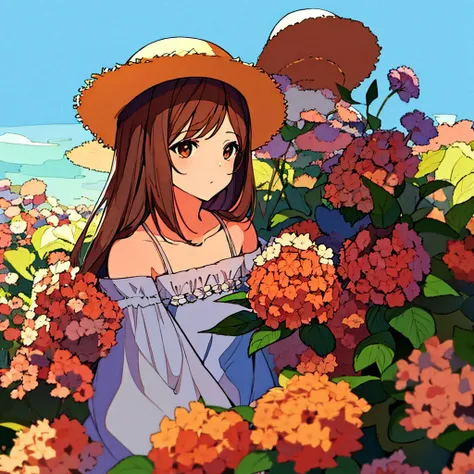 Summer Straw hat girl Brown hair Hydrangea flower Nostalgic