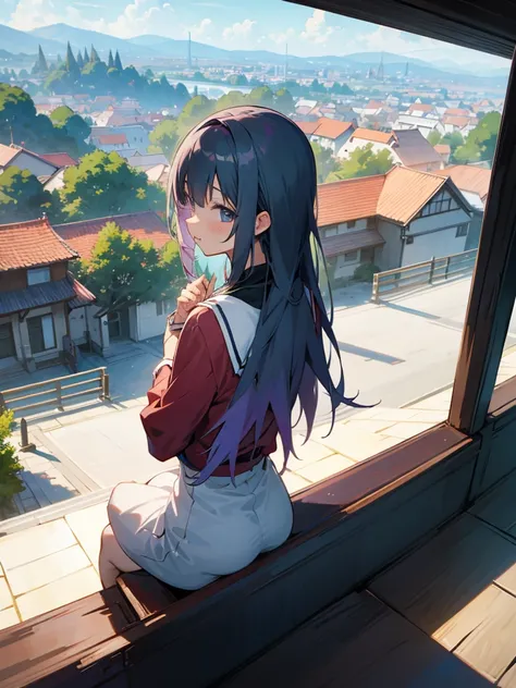 Anime sits with a beautiful view 