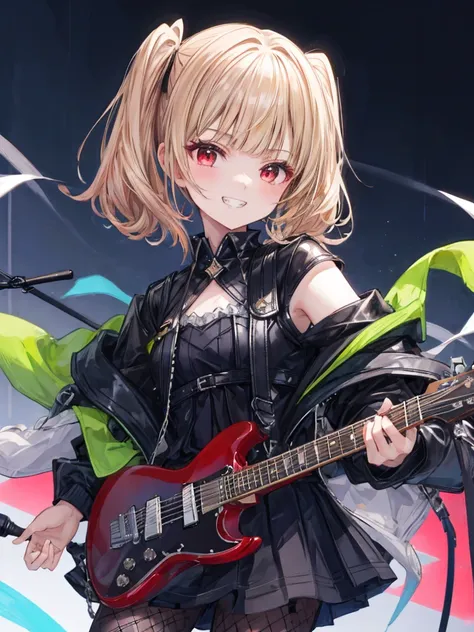 ((masterpiece、Highest quality、Very detailed))、One Girl、Black Hair、short hair、Twin tails、Blunt bangs、Red eyes、Wicked Smile、((Grin))、Small breasts、((Black ruffled clothes))、Off the shoulder、Strapless、((Black leather jacket))、((Checked skirt))、Edge skirt、Mult...