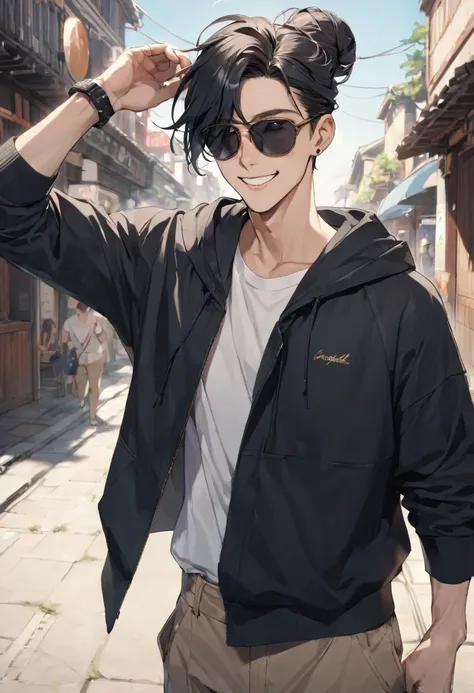 1 boy, black hair large shoulder tied in a man bun , black eyes, clear skin, place sunglasses over your eyes, hoodie, smiling