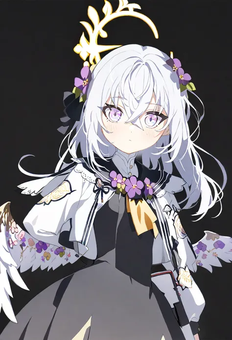 azusa (blue archive),  1girl angel_wings black_dress blush breasts closed_mouth dress feathered_wings flower grey_hair hair_between_eyes hair_flower hair_ornament halo jacket long_hair open_clothes open_jacket purple_eyes purple_flower simple_background sl...