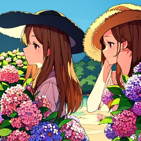 Summer Straw hat girl Brown hair Hydrangea flower Nostalgic Simple