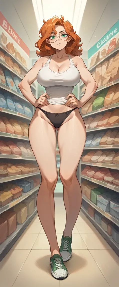 1 woman, wavy orange hair, green eyes , sly face , glasses , white tank top , black panties , abdomen, big breasts , Put your hands on your hips... , canvas shoes , convenience store