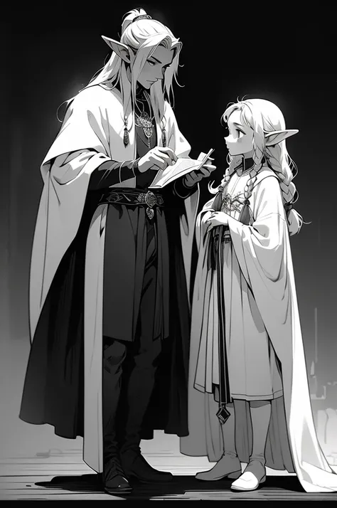 elf, young cute boy, long hair, braids, young, cute, ,medieval clothes, black and white clothes, jester, tanned skin, robe, pant...