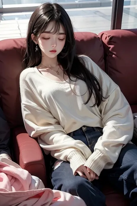 18-year-old、Black Hair、Oversized sweater、Sleeping on the sofa with eyes closed、Embarrassed