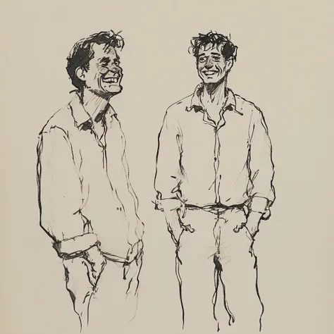 2 side-by-side, full body drawing of a man in white shirt, smiling, scared.