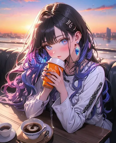 8K,gal，an extremely delicate and beautiful,Beautiful and realistic skin,Shiny jewel-like earrings,Long colorful hair,beautiful eyes,full body,head to toe,beautiful regs,drink coffee, beautiful sunset
