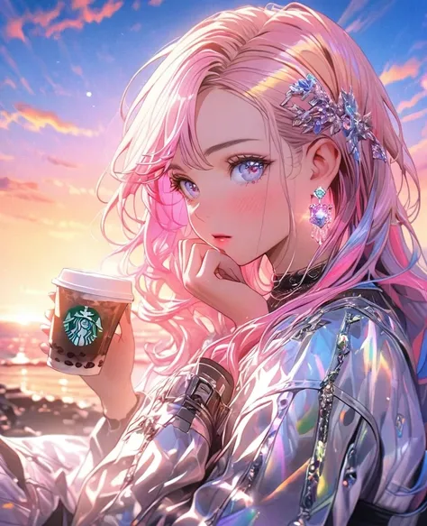 8K,gal，an extremely delicate and beautiful,Beautiful and realistic skin,Shiny jewel-like earrings,Long colorful hair,beautiful eyes,full body,head to toe,beautiful regs,drink coffee, beautiful sunset
