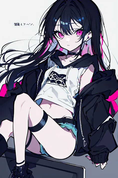 {{masterpiece}}, The best quality of life,、（（Black long hair、Inside is blue、））、（Pink Eyes）、big black earrings、Black choker、Beautiful details in the eyes、White background、Anime characters、（（Black tube top、hot pants、Punk Fashion、Long sleeve hoodie、Black shor...