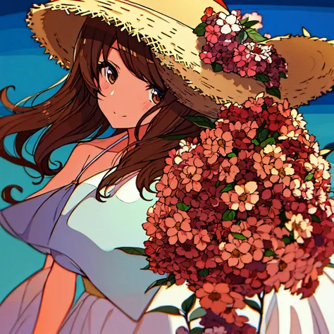 Summer Straw hat girl Brown hair Hydrangea flower Nostalgic Simple