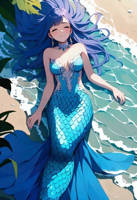 Blue mermaid lying on the shore