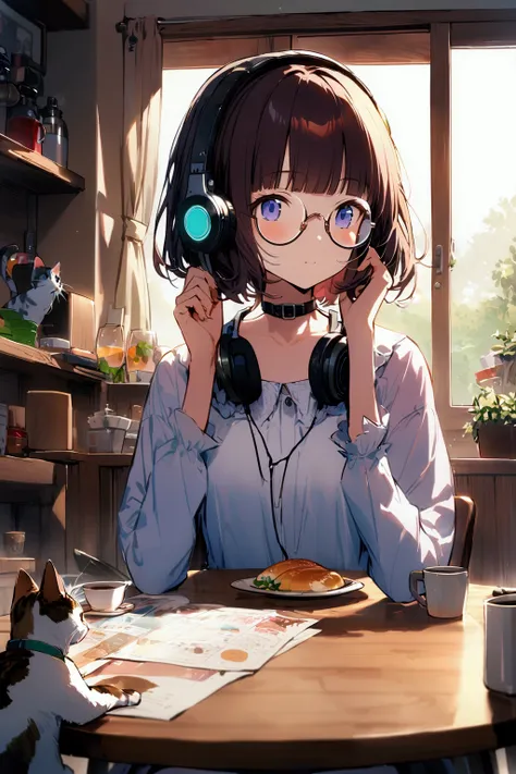 (extremely detailed fine touch:1.3), pastel collar, (((semi-rimless round eyewear:1.3))), (headphone:1.2), short hair, blunt bangs, 1 girl, In the morning, there is a bright morning sun drinking coffee at the dining table, and there is a cat.