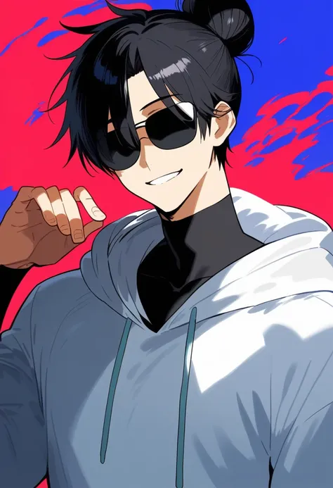 1 boy, black hair large shoulder tied in a man bun , black eyes, clear skin, place sunglasses black over your eyes, hoodie, smiling