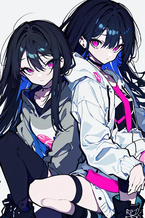 {{masterpiece}}, The best quality of life,、（（Black long hair、Inside is blue、））、（Pink Eyes）、big black earrings、Black choker、Beautiful details in the eyes、White background、Anime characters、（（Black tube top、hot pants、Punk Fashion、Long sleeve hoodie、Black shor...