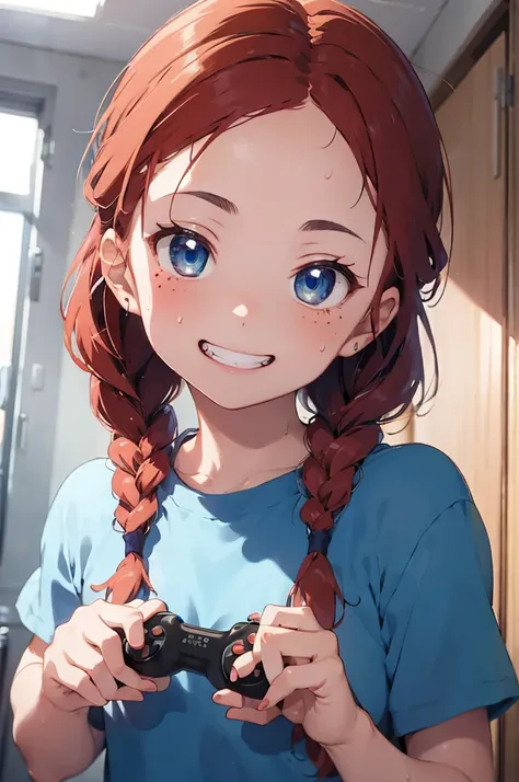 Anime image of a woman with red hair and blue eyes,  solo,  grin, (forehead:1.2), (red hair), ((short bang)),  (twin braids), (freckle:1.1),  game controller in both hand, sweat, (looking away), indoor, (dark bed room),  upper body, 