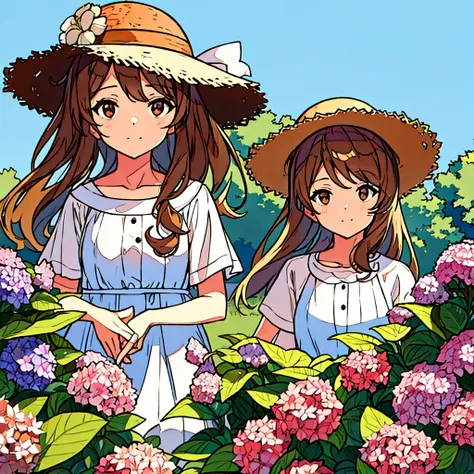 Summer Straw hat girl Brown hair Hydrangea flower Nostalgic Simple