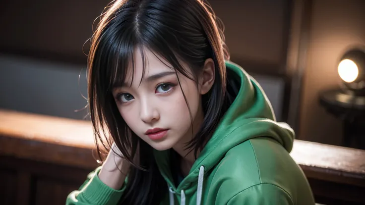 Soft lighting like in a movie、A close-up of Tati Gabrielle in a green hoodie、Incredibly detailed and ultra-realistically lit。, Mortal Kombat11, Mortal Kombatのジェイド, Mortal Kombat, MK Ninja, Wearing green armor and helmet, Akali, Take off, Trending on ArtSta...