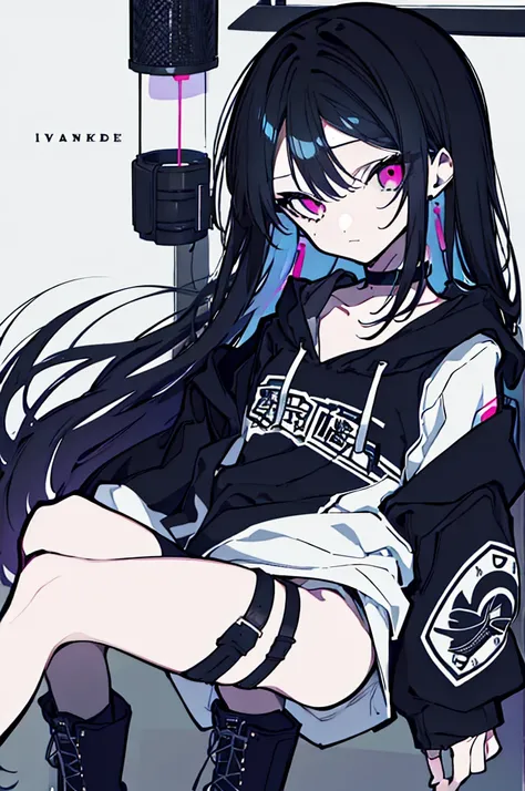 {{masterpiece}}, The best quality of life,、（（Black long hair、Inside is blue、））、（Pink Eyes）、big black earrings、Black choker、Beautiful details in the eyes、White background、Anime characters、（（Black tube top、hot pants、Punk Fashion、Long sleeve hoodie、Black shor...