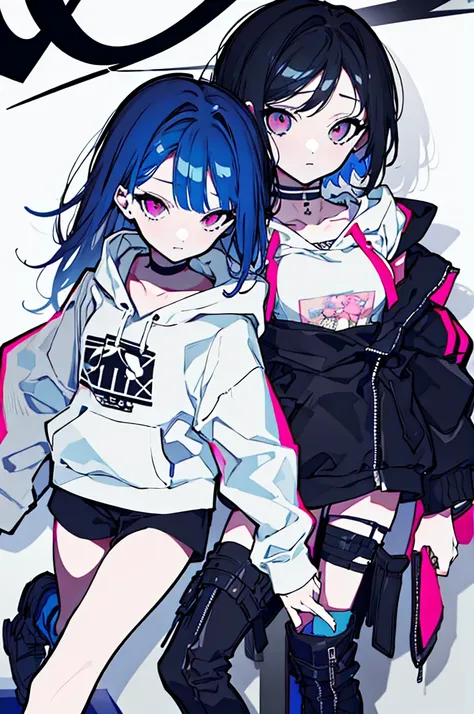 {{masterpiece}}, The best quality of life,、（（Black long hair、Inside is blue、））、（Pink Eyes）、big black earrings、Black choker、Beautiful details in the eyes、White background、Anime characters、（（Black tube top、hot pants、Punk Fashion、Long sleeve hoodie、Black shor...