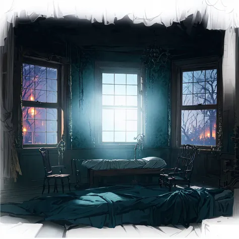 there is a bed in the room，there are two windows， spooky room,suspenseful and weird room，anime style，fifth personality， photorea...