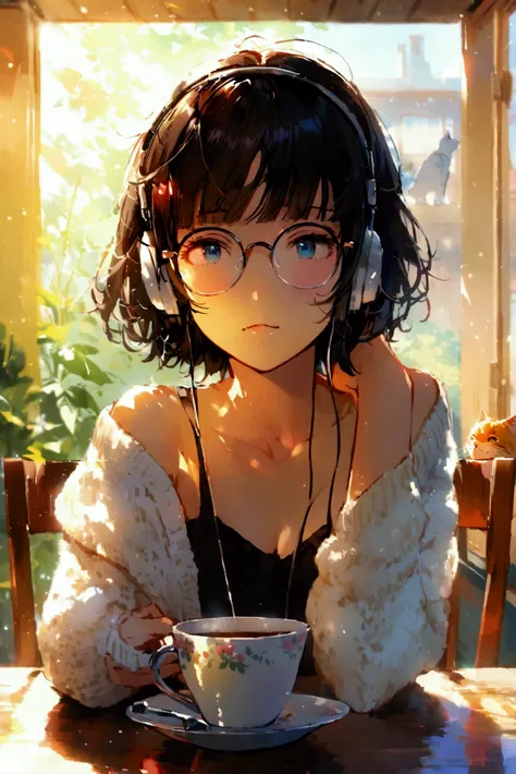 (extremely detailed fine touch:1.3), pastel collar, (((semi-rimless round eyewear:1.3))), (headphone:1.2), short hair, blunt bangs, 1 girl, In the morning, there is a bright morning sun drinking coffee at the dining table, and there is a cat.