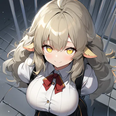 1girl,solo,roll angle,sheep ear,White fluffy hair,Short hair with a lot of hair,light yellow eye color,Calm face,docile face,smile,huge breasts,slender,Vertical lines academy uniform,short stature,looking at viewer,Taken from the viewpoint above,upturned e...