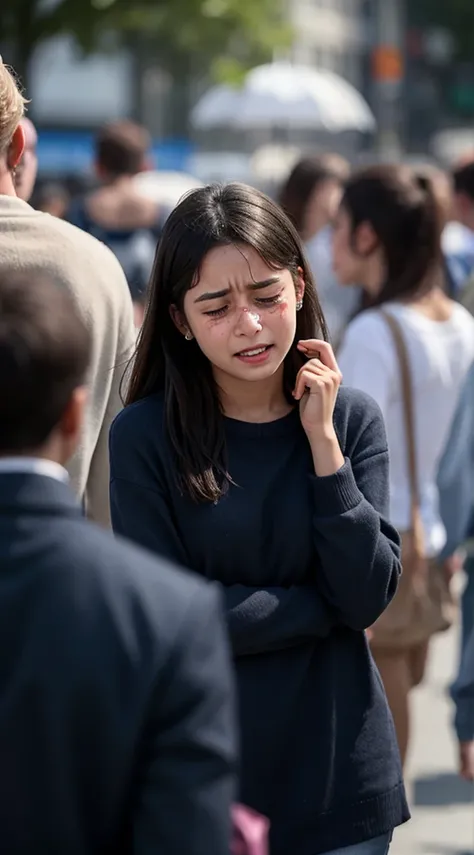 a young woman crying, with a blurred background full of people