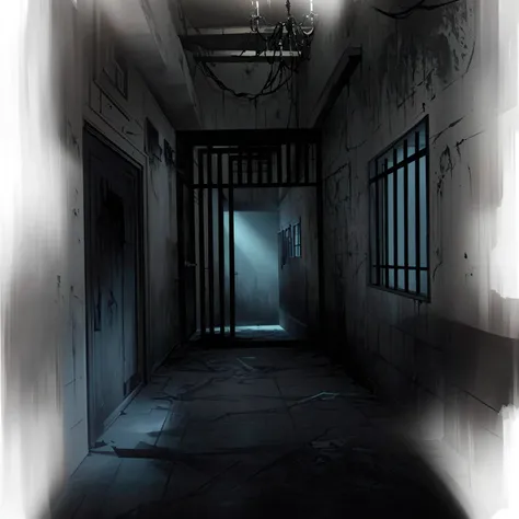 there is a photo of the hallway，light comes in from the window, prison background, silent hill concept art, creepy liminal space...