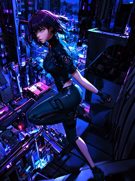 night city background、neon、absurd, highest quality, one girl, alone, view your viewers, eye focus, motoko_kusanagi, black jacket