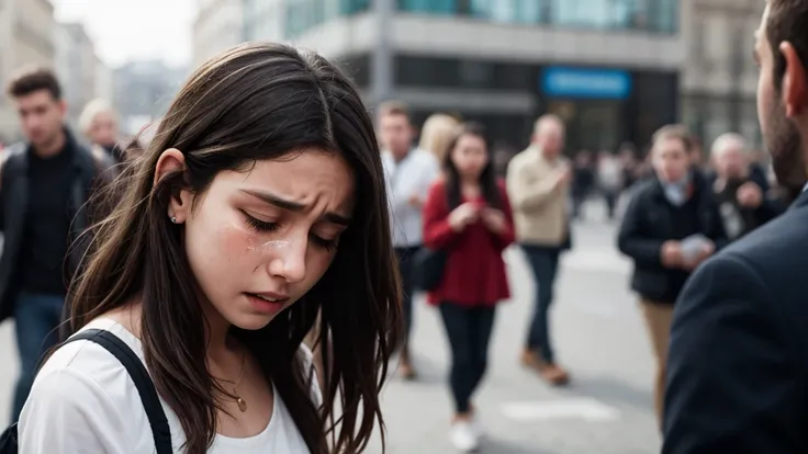 a young woman crying, with a blurred background full of people